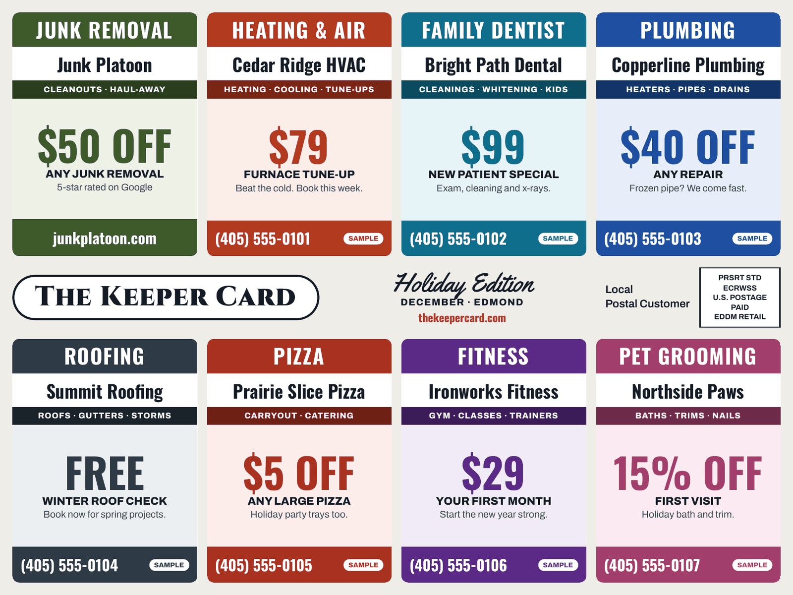 Sample front of The Keeper Card: a 12 by 9 inch postcard with eight equal-size ads in bold color blocks, such as heating and air, family dentist, plumbing and roofing, around The Keeper Card masthead.